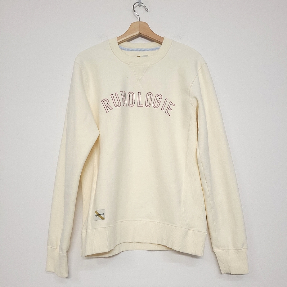 Tracksmith Cream 'Runologie' Crewneck Sweatshirt with Pink Lettering
